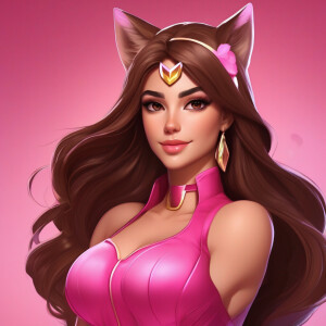 create a super hero woman, with cat ears, long brown hair, brown...