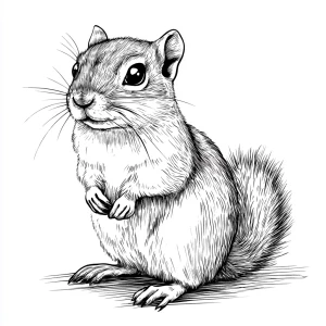 A cute chipmunk looking forward, with his body sideways showing...