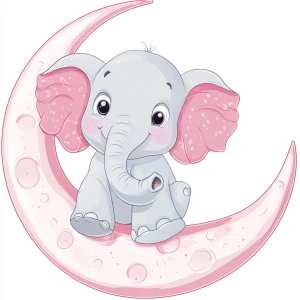 A cute, cartoon elephant sits on a stylized, rosy-pink crescent moon. The elephant is light gray with large, round, pink-spotted ears.  Its body is round and its trunk is curled gently upward.  The elephant's eyes are large and round, and its facial expression is happy and friendly. The elephant's legs and feet are visible, and its posture is relaxed, sitting. The moon is a soft, shaded pink, with watercolor-like texture and subtle shading. The background is white. The image is in a child-friendly style, showcasing delicate line work and color palettes. The composition is centered on the elephant, which is positioned on the moon. The overall style is sweet, whimsical, and reminiscent of children's book illustrations.  The colors are pastel and soothing, creating a gentle atmosphere.  Small, white polka dots accentuate the elephant's ears and trunk, enhancing the adorable aesthetic.