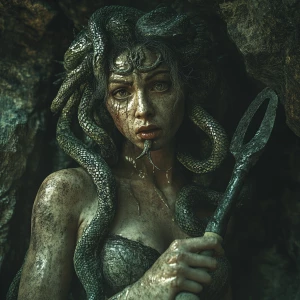 Create an image of Medusa holding shears, her snake hair express...