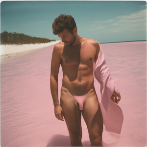 Nudist man with an erection at a pink sandy beach, uncensored, P...