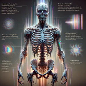 fragmented bone-and-wire exoskeleton forming a minimalist, futur...