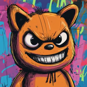 Stylized character portrait of a mischievous designer toy creat...