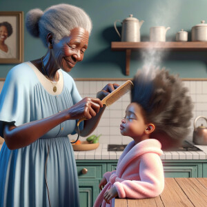 Create a realistic 3-D image of an african-American grandmother wearing a blue house dress and a white apron . She is in the kitchen with her african-American granddaughter. Her granddaughter is wearing a pink bath robe. The grandmother has a hot comb in her hand and she is straightening her granddaughters hair. One side of her granddaughters hair is in  a Afro the other straight 
There is smoke coming from the hot comb
The granddaughter is making a face