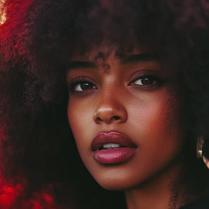a woman, look to the camera, close up photo, Curly Afro Hairstyl...