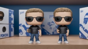 Create a Funko Pop figurine of Mark Zuckerberg, styled in the di...
