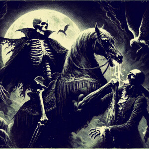 Skeleton man riding dead horse that looks like pulp art