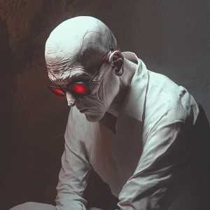 pale man with tired red eyes, slightly hunched, expressionless,...