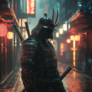 Dramatic splash art. A lone cyberpunk samurai stands defiantly i...