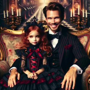 Lilith as a girl with elegant gothic lolita dress sit on the lap of handsome lucifer, the girl has red hair and golden eyes, thrones, black and red elegant luxury background, handsome lucifer smirk