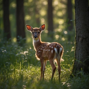 mpt:

A delicate baby deer (fawn) nestled in a serene forest cle...