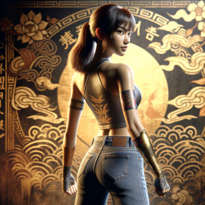 Athletic Thin skinny Attractive, Asian teenage girl, long brown hair and bangs, wearing tight skinny jeans and a halter top paint marks on her clothing, heroic pose Asian graffiti background, backside view