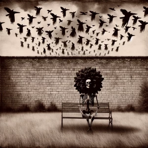 Create a monochrome image depicting a desolate grassy field boun...