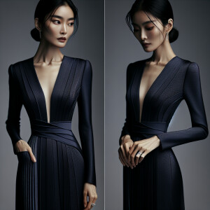 A tailored, floor-length gown in a rich navy color with a slight...