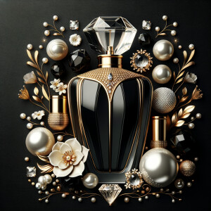 Design a fancy, black and gold bottle of perfume in the shape of a woman’s body. With a golden diamond top, flowers pearls and Diamonds in the name, Karen