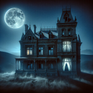 An abandoned mansion. Lights are on in some windows. And a ghost...