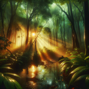 Generate rainy forest in the morning