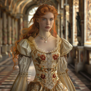 Create a photorealistic image of a light ginger-haired model wal...