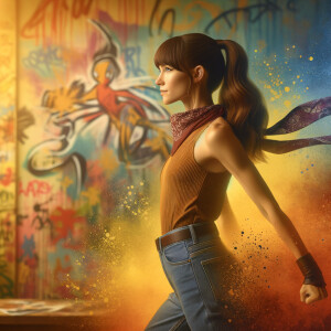 Sexy, Asian teen girl wearing skin tight jeans and a halter top long hair and bangs paint marks on her clothing, graffiti background heroic pose side view