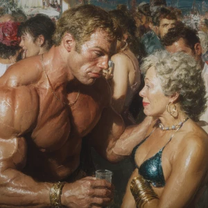 Create a hyperrealism painting of a muscular, sweaty American ma...
