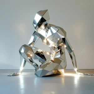 Create an image of a geometric alien creature composed of reflective chrome triangles and illuminated voids, striking a pose within a minimalist white art gallery, designed in the sleek, abstract aesthetic reminiscent of 3Steps' artwork.