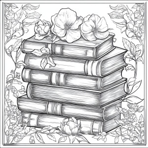 Create an image of a stack of books outlined in black on a white...