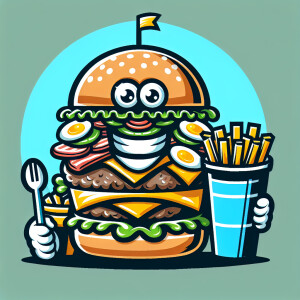 Konsep maskot Burger "bomber" dengan ukuran besar dan daging teb...