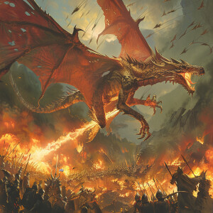 A majestic dragon hovers over a chaotic battlefield, elegantly r...