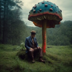 Frankenstein monster with giant magic mushroom growing from his...