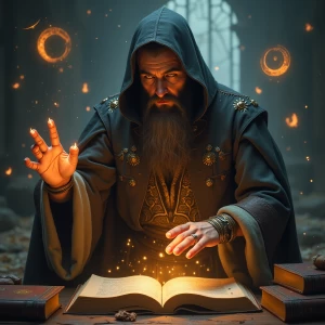 Describe a warlock casting an ancient spell, with intense focus...