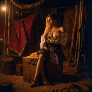 A Wench clothes torn, squatting,  chained over a breading  block...