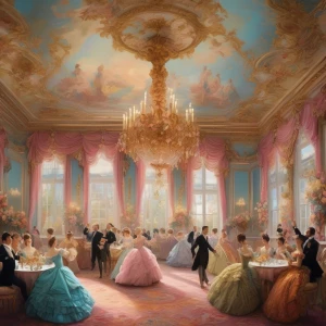 A vibrant ballroom scene filled with elaborately dressed figures dancing under an ornate chandelier, surrounded by soft pastel tones and floral decorations.