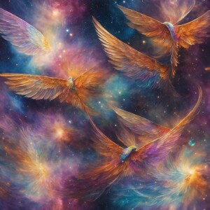 Amidst the swirling nebulae and twinkling stars, a kaleidoscope...