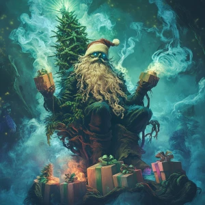 In a hazy, psychedelic forest, a sinister Santa figure sits atop...