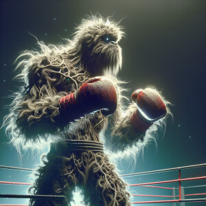 Intricately textured, hyper-realistic 3d of Chewbacca as a boxer...