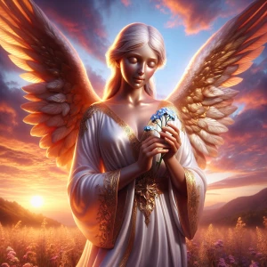 "Visualize an Carmel skin angel standing gracefully in a serene...