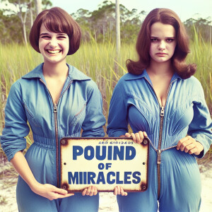 Generate a faded film photograph from 1973 in the Everglades. Tw...