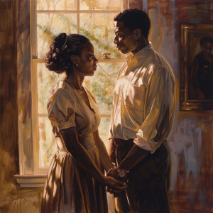 A black married couple, embodying love and unity, stands togethe...