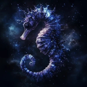 Create an image of a seahorse that embodies elements of darkness and the cosmos, featuring distinctive cool tones that are rare and not typically seen.