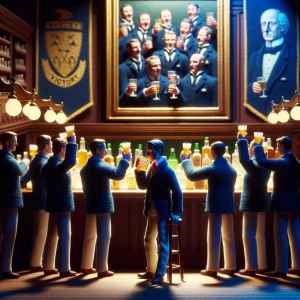 "In an opulent miniature fraternity house, stop-motion figures in preppy blazers and polished shoes clink tiny handcrafted champagne glasses. The banners read "Victory," yet one figure sits alone at the bar, gripping a tumbler with real-looking translucent resin whiskey inside. The lighting is split—warm glow on the celebrating crowd, but cool blue light on the lone figure. A grand framed oil painting of past fraternity leaders hangs above him, their faces sculpted with unnerving precision. One of the figures in the painting seems to watch him."