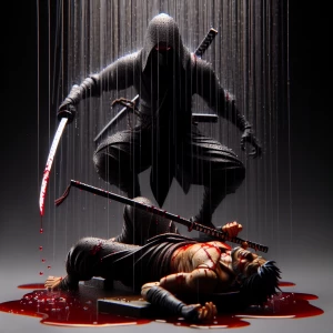The sinister ninja stands over their fallen enemy, blood drippin...