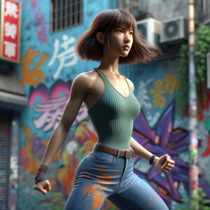 Athletic Thin skinny Attractive, Asian teenage girl, long brown hair and bangs, wearing tight skinny jeans and a halter top paint marks on her clothing, heroic pose Asian graffiti background, backside view