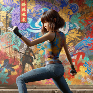 Athletic Thin skinny Attractive, Asian teenage girl, long brown hair and bangs, wearing tight skinny jeans and a halter top paint marks on her clothing, heroic pose Asian graffiti background, backside view