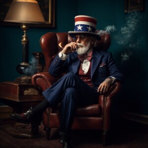 Illustrate Uncle Sam looking pensive while seated in a vintage c...