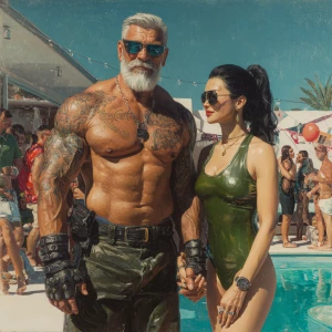 Hyperrealism,sharp painting ,a muscular beefy tattoed indian swe...