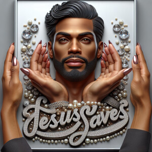 A 3D realistic artwork featuring the phrase 'Jesus Saves' adorne...