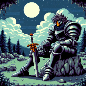 Guts from anime Berserk sitting on rock