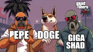 PEPE meme, DOGE meme, GIGA SHAD meme in GTA style
