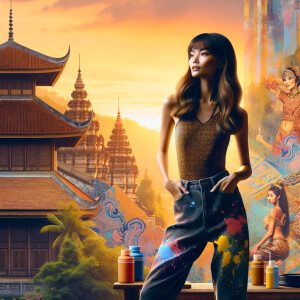 Athletic Thin skinny Attractive, Asian teenage girl, long brown hair and bangs, wearing tight skinny jeans and a halter top paint marks on her clothing, heroic pose Asian graffiti background, backside view