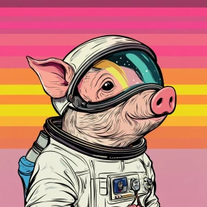 Cute cartoon pig in vintage white spacesuit and NASA style helme...